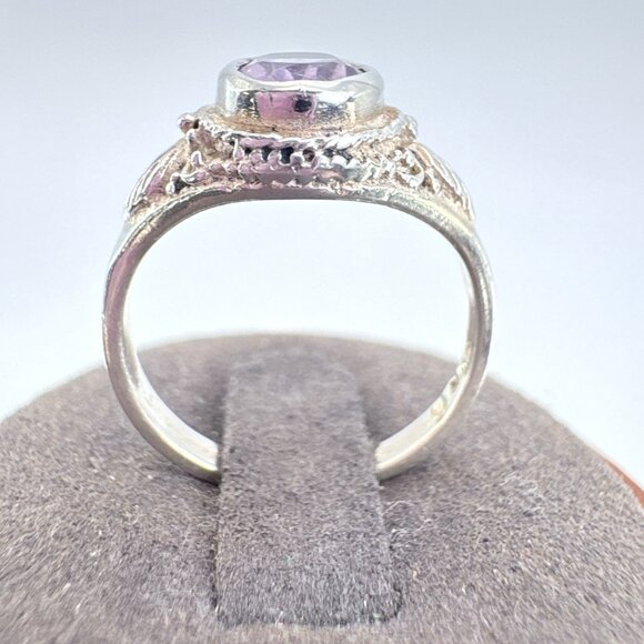 VTG Sterling Silver 925 Amethyst Leaf Design Border Statement Ring Size 7 - Picture 3 of 10